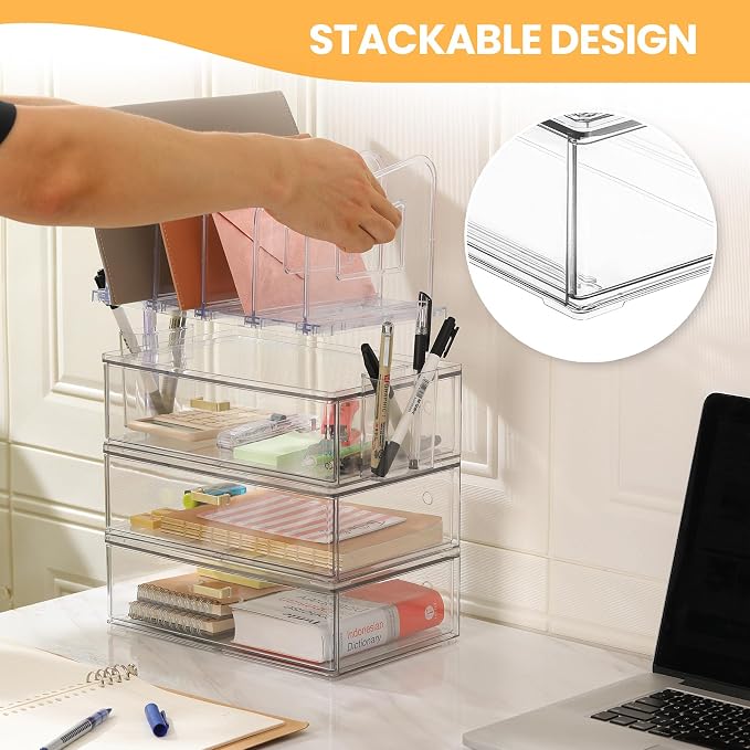 LALOBLUE Acrylic Desk Organizer with 4-Vertical File Holder Rack, 3-Clear Drawer and 2 Pen Holders, Desktop Storage for Office Desk Accessories School Classroom Organization (Clear) - Image 6