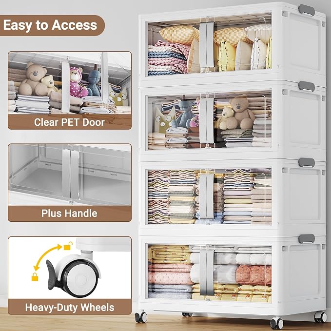 BROVIEW 640QT Stackable Storage Bins with Lids, 160Gal Extra Large Collapsible Storage Box with Wheel, Plastic Storages with Clear Door Open Front for Home Kitchen Garage, White-4pack(4 lids) - Image 5