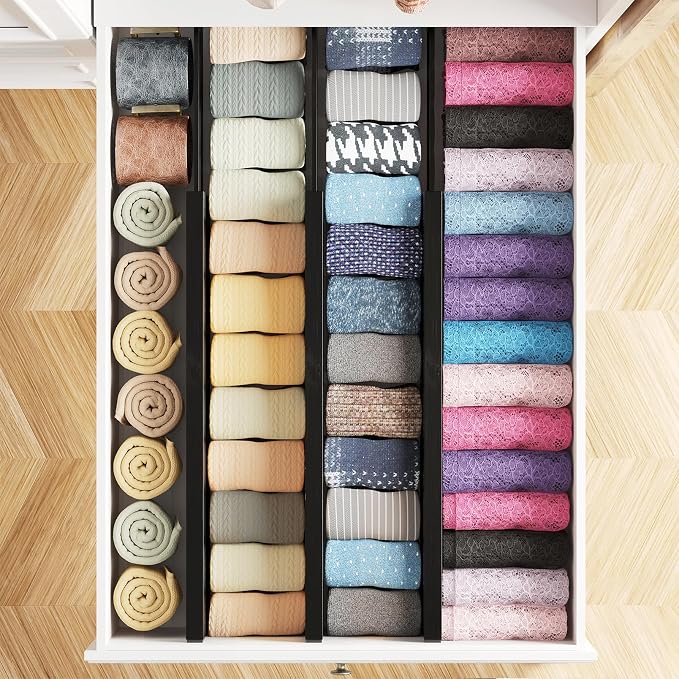 SpaceAid Bamboo Dresser Drawer Dividers 6 Pack, 4.65“ High Adjustable 17“-22” Drawer Organizers, Expandable Organization for Clothing, Clothes, Dressers, Black - Image 4