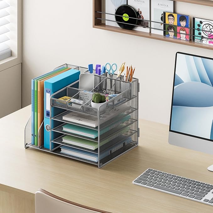 Lavatino 5-Tier Metal Mesh Desk Organizer with 2 File Holders & 7 Customizable Compartments | Paper Letter Tray for Office or Home Desk Storage | Keep Workspace Supplies Neat & Organized, Silver - Image 4