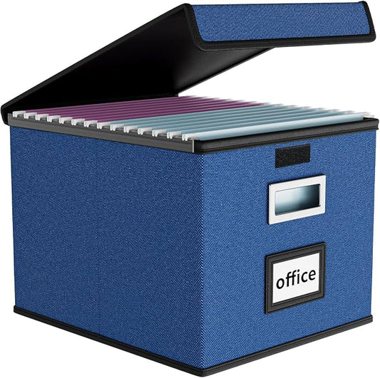 File Organizer Box with Lids, Collapsible File Folder Organizer | File Box with Plastic Slides for Document, Filing Bin for Letter Size Hanging File Folders (1 Pack, Royal Blue) by Huolewa