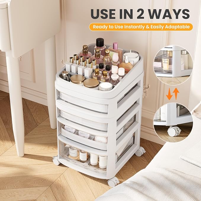 Rolling Cart with 4 Drawers, Clear Plastic Drawer Organizers, Vanity Cart | Dust Proof Under Desk Storage with Dividers for Makeup, Skincare, Art Crafts and Baby Items, Acrylic Cosmetic Organizer - Image 5