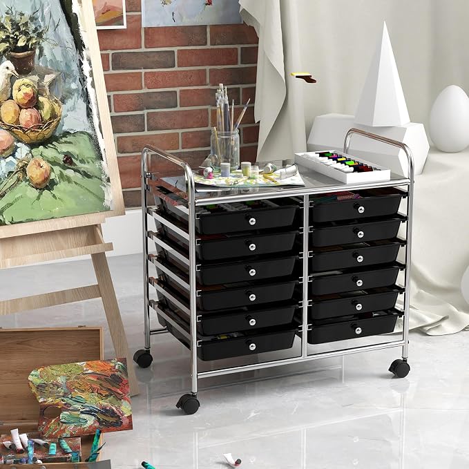 GOFLAME 12-Drawer Rolling Storage Cart, Multifunctional Art Craft Organizer Cart, Mobile Utility Storage Cart with Removable Drawers & Lockable Wheels, Craft Cart for Home Office School, Black - Image 8
