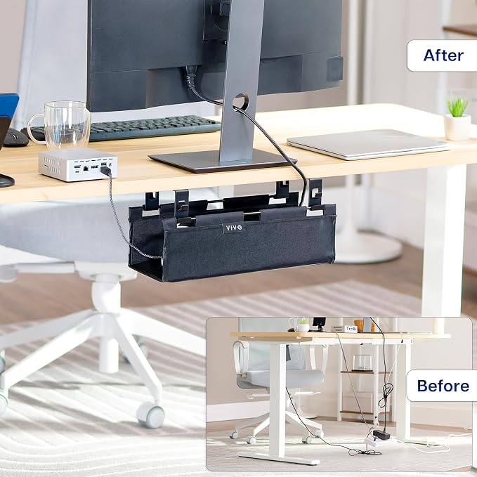 VIVO Screw-on Under Desk 16 inch Fabric Cable Management Tray, Wire Concealer, Power Strip Storage, Workspace Organization, Easy Fold Down Access, Black, DESK-AC16F-S - Image 2