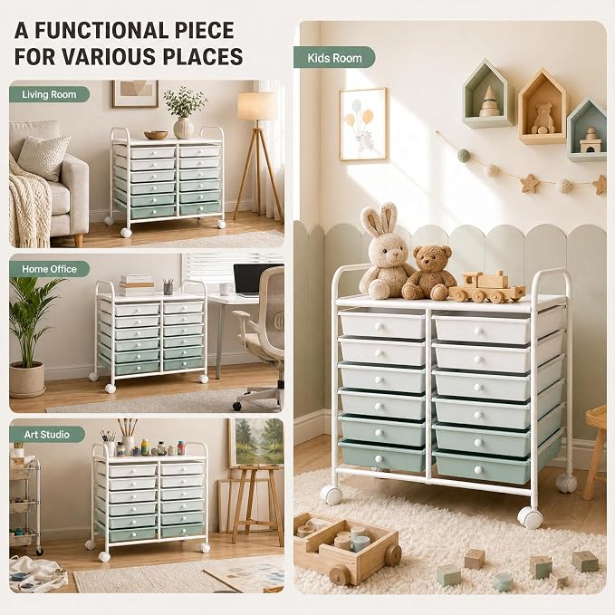 GOFLAME 12-Drawer Rolling Storage Cart, Art Craft Organizer Cart, Mobile Utility Storage Cart with Removable Drawers & Lockable Wheels, Craft Cart for Home Office School, Green Gradient - Image 7