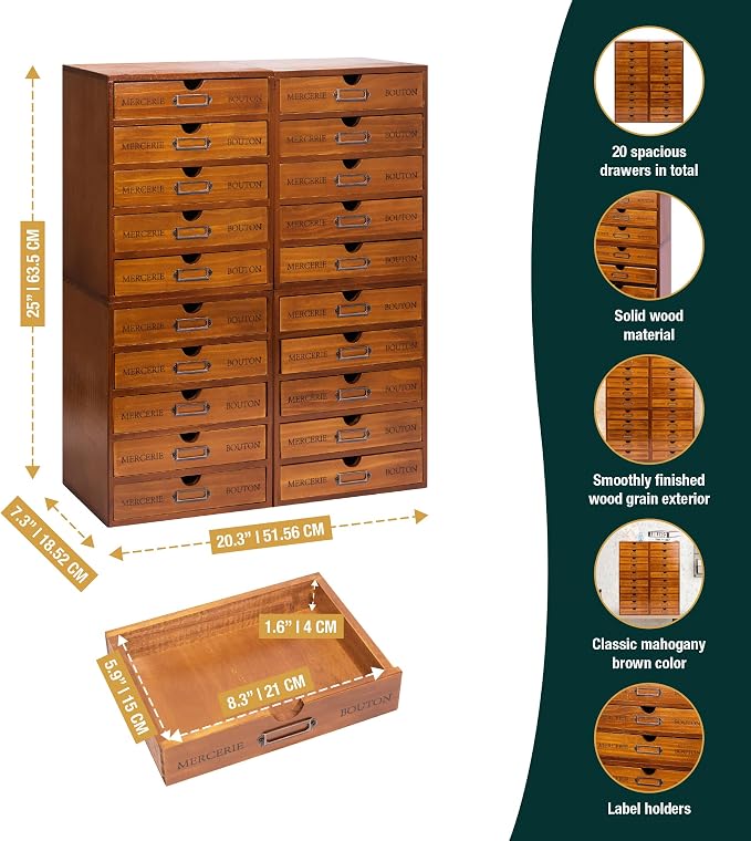 Fully Assembled Modular Stackable 20-Drawer Set of 4 Retro Wood Countertop Organizer Drawers - Mini Filing Cabinets for Desktop - Apothecary Card Catalog Library Storage Drawers w/ Label Holders - Image 2