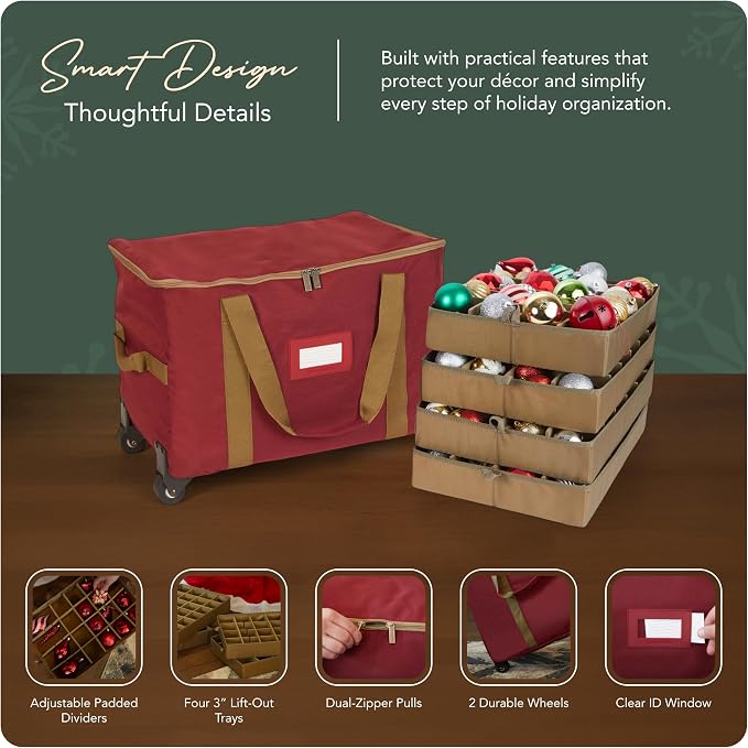 Covermates Keepsakes Rolling Adjustable Ornament Storage Bag – Heavy-Duty Polyester, FlexGrid Trays & Padded Dividers – Protective Holiday Organizer with Wheels, Handles & ID Window, Red - Image 4