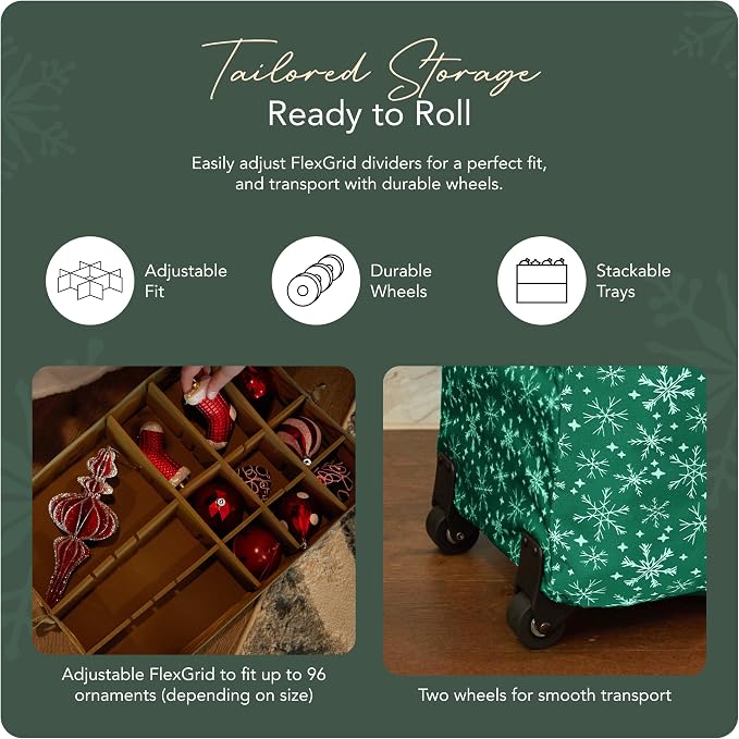 Covermates Keepsakes Rolling Adjustable Ornament Storage Bag – Heavy-Duty Polyester, FlexGrid Trays & Padded Dividers – Protective Holiday Organizer with Wheels, Handles & ID Window, Green Snowflake - Image 5