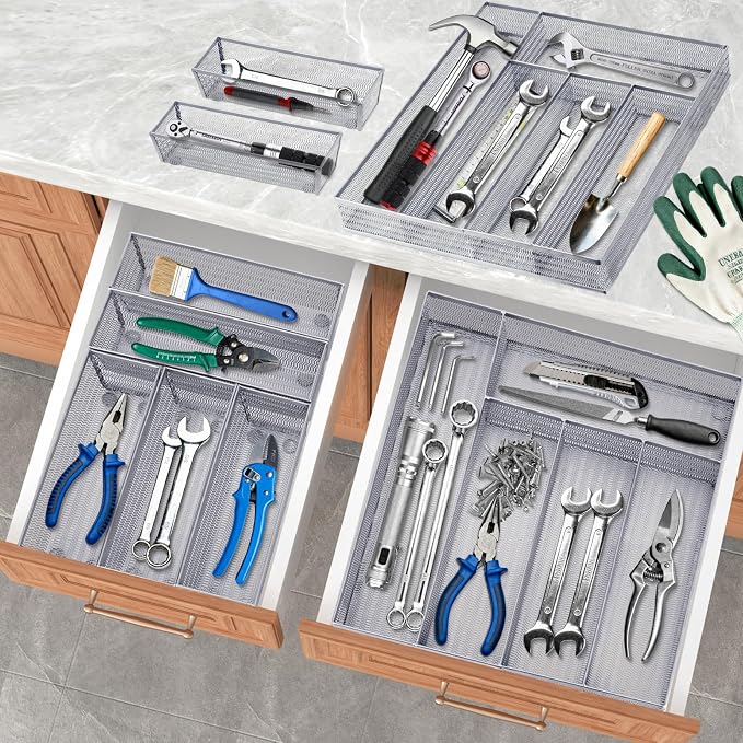 Neudeco Drawer Organizer Set, Silver Mesh, 6 Pack | 5-Compartment Silverware Tray, 5 Utensil Trays, Non-Slip, For Flatware, Cutlery, Office Supplies - Image 8