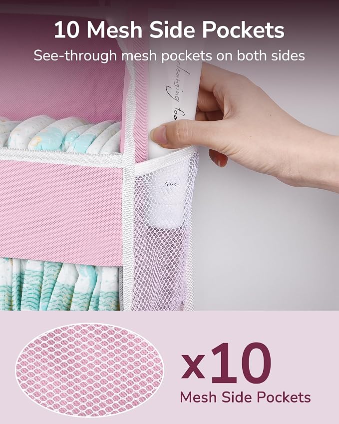 ULG 1 Pack Over Door Organizer with 5 Large Pockets 10 Mesh Side Pockets, 44 lbs Weight Capacity Hanging Storage Organizer with Clear Window Kids Toys, Shoes, Diapers, Pink - Image 2