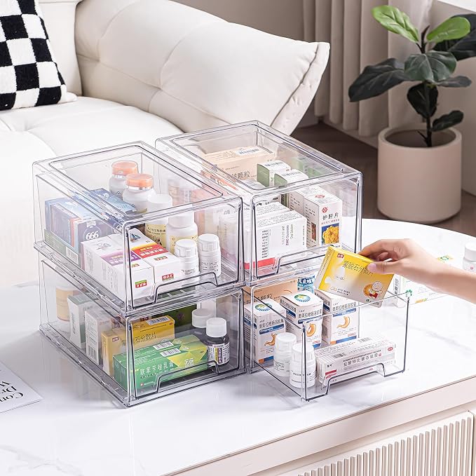 2 Pack Stackable Organizer Drawers, Clear Desk Storage Box,Transparent Drawer in Home, Office and Kitchen Pull Out Organizer Bins for Make Up, Pen, Desktop Stationary (2Extra Large) - Image 2