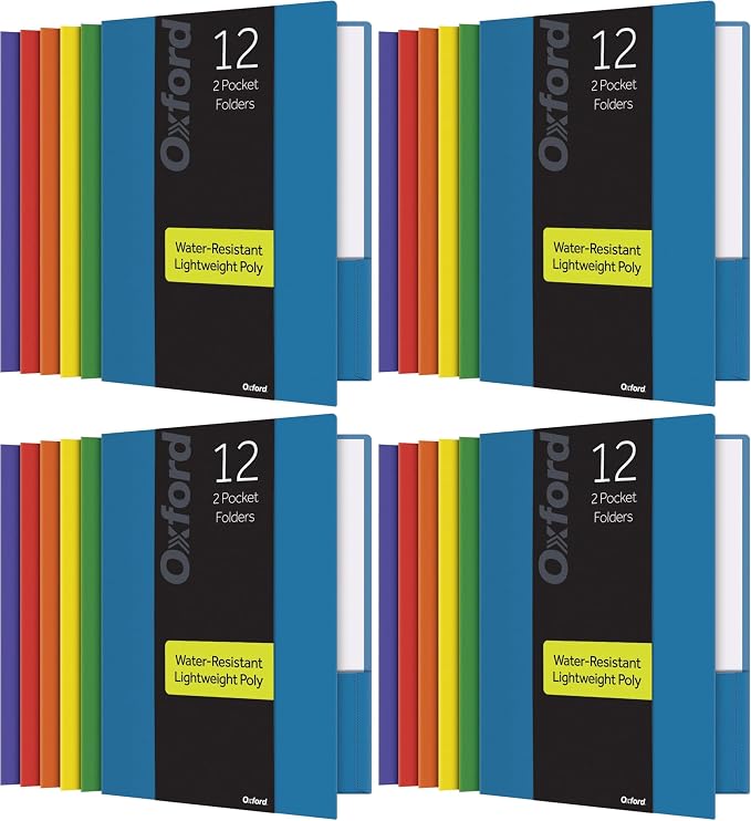 Oxford 2 Pocket Folders, Sturdy Plastic Portfolio, School and Office, 2 PocketPaper Organizer, Letter Size, Asst. Colors, 2 Each (Blue, Green, Yellow, Orange, Red, Purple), (14188)12 Count (Pack of 4) by TOPSProducts