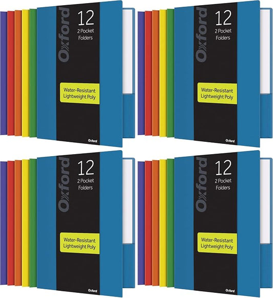 Oxford 2 Pocket Folders, Sturdy Plastic Portfolio, School and Office, 2 PocketPaper Organizer, Letter Size, Asst. Colors, 2 Each (Blue, Green, Yellow, Orange, Red, Purple), (14188)12 Count (Pack of 4) by TOPSProducts