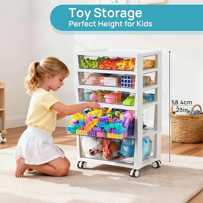 Vtopmart 5-Tier Plastic Drawer Storage Rolling Cart with Wheels | Clear Drawers with Multiple Sizes Keep Supplies visible. Sturdy for Under Desk, Office, Makeup , Crafts & Art Storage - Image 8