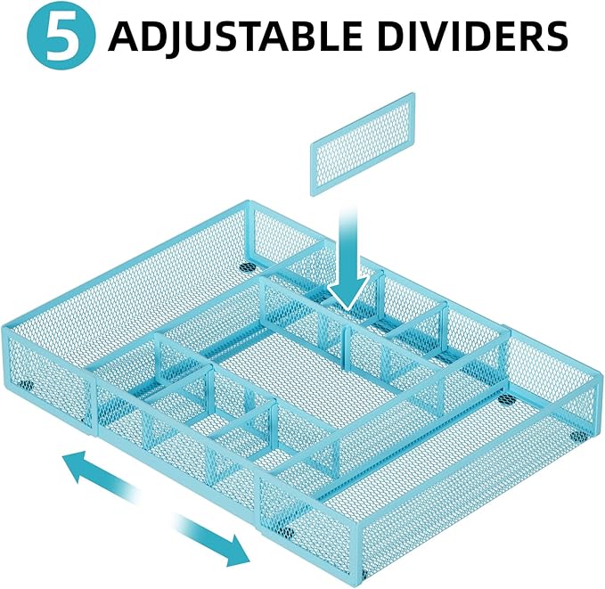 Marbrasse Expandable Desk Drawer Organizer, Mesh Drawer Organizer Tray with 10 Adjustable Compartments, Desk Organizers and Accessories for Office Supplies, Makeup & Vanity (Expandable-Blue) - Image 3