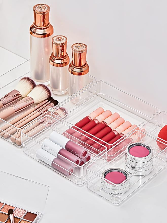 SMARTAKE 13 PCS Drawer Organizer 5-Size Desk Makeup Drawer Organizer Clear | Storage Trays for Makeup with Non Slip Silicone Pads, Jewelries, Utensils in Bedroom Dresser, Office, Kitchen and Bathroom - Image 3