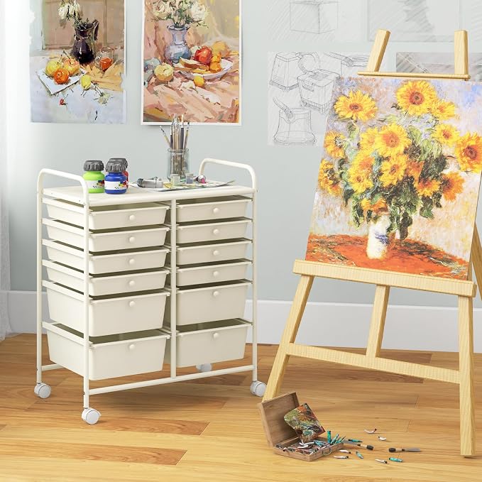 Moccha 12-Drawer Rolling Storage Cart - Utility Cart on Wheels with Lockable Casters for Craft Art Supply Paper Salon, Mobile Drawer Carts for Classroom Teacher School Office (White) by LDAILY