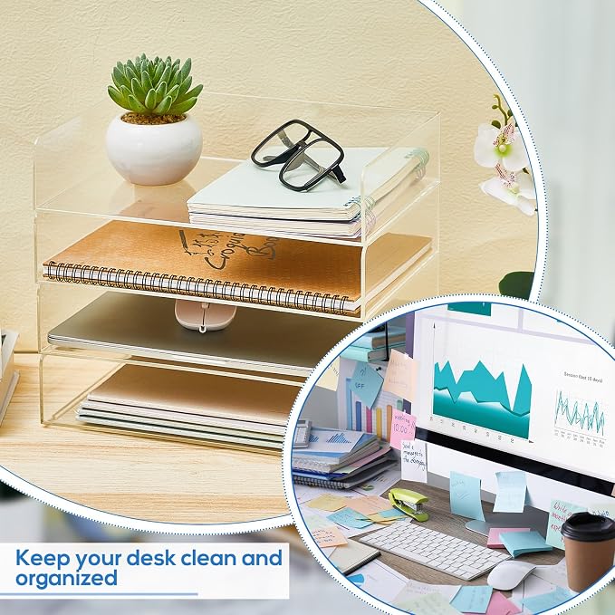 Harloon 4 Tier Paper Organizer Letter Tray Acrylic Desk File Organizer Heavy Duty Stackable Documents Clear Letter Paper Holder Sorter Office Tray for A4, Office Classroom Home File Pad Notebooks - Image 7