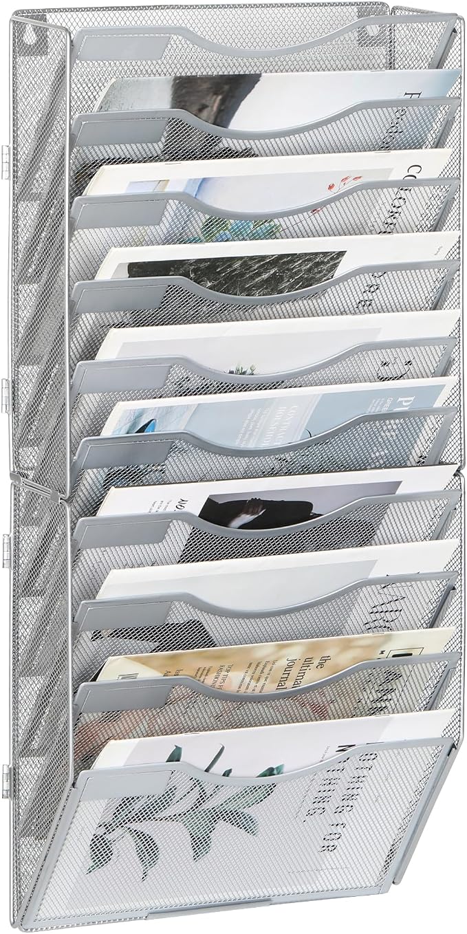 EasyPAG Wall File Organizer for Office 10 Pocket Mesh Wall Mounted Paper Organizer Hanging Folder Holder with Nametag Label for Home School, Silver by EasyPAG