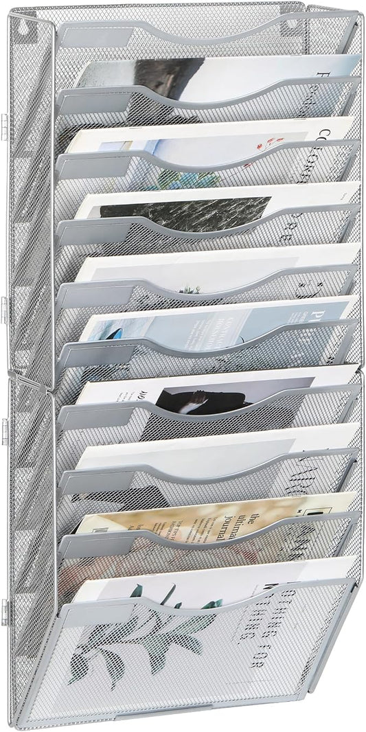 EasyPAG Wall File Organizer for Office 10 Pocket Mesh Wall Mounted Paper Organizer Hanging Folder Holder with Nametag Label for Home School, Silver by EasyPAG