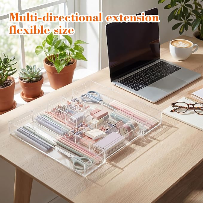 Briwooody Clear Acrylic Drawer Organizer Expandable,9 Compartments,Large | 9'' up to 18'' x 12'' x 2.1'' Desk Drawer Organizer Trays Adjustable with Desk Accessories for Makeup Office Bathroom - Image 4