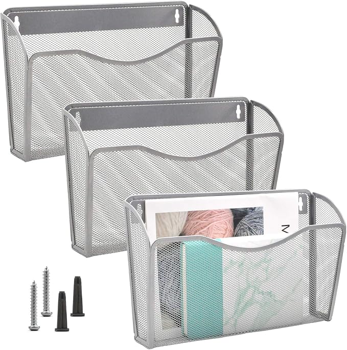 3 Single Pocket Mesh Hanging File Organizer, Vertical Wall Mounted Magazine File Holder, Mount Basket Mail Paper Document Folder Organizing for Office, Home and School, Silver - Image 7