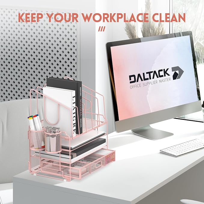 DALTACK 4-Tier Mesh Desk Organizer with Drawer, Desktop Organizer with 5 Vertical File Holders and 2 Pen Holders, File Organizer for Desk, Multifunction Office Desk Accessories, Pink - Image 5
