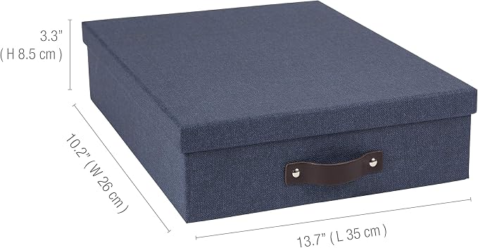 Bigso Oskar Canvas Fiberboard Document Letter Box - File Organizer Box for Important Paperwork - Document Storage with a Lid & Leather Handle - 3.3 in x 10.2 in x 13.8 in - Blue - Image 3