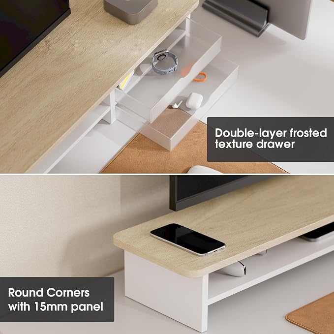 Fenge Monitor Stand, Desk Computer Riser with Frosted Storage Drawer, Oak | 42.5 Inch Dual Monitor Riser, 2 Tiers, Cable Management, Desk Shelf for 2 Monitors, Ultrawide Screen, Laptop, TV, Home Office - Image 4
