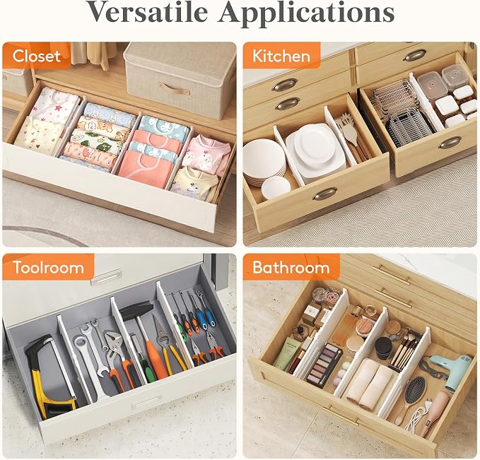 Lifewit 6" Tall Drawer Dividers, Adjustable Deep Drawer Organizer Clothes | 9 Pack 11.5"-18.5" Expandable White Plastic Separators for Dresser, Kitchen, Cabinet, Closet, Office Organization & Storage - Image 7