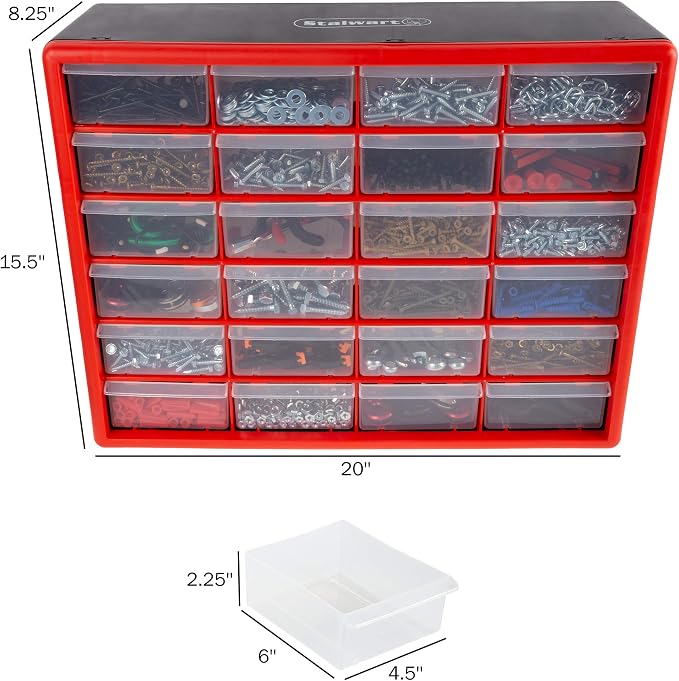 24 Plastic Drawers Organizer - Compartment Storage - Desktop and Wall Mount Container for Hardware, Parts, Crafts, Beads, and Tools by Stalwart (Red) - Image 3