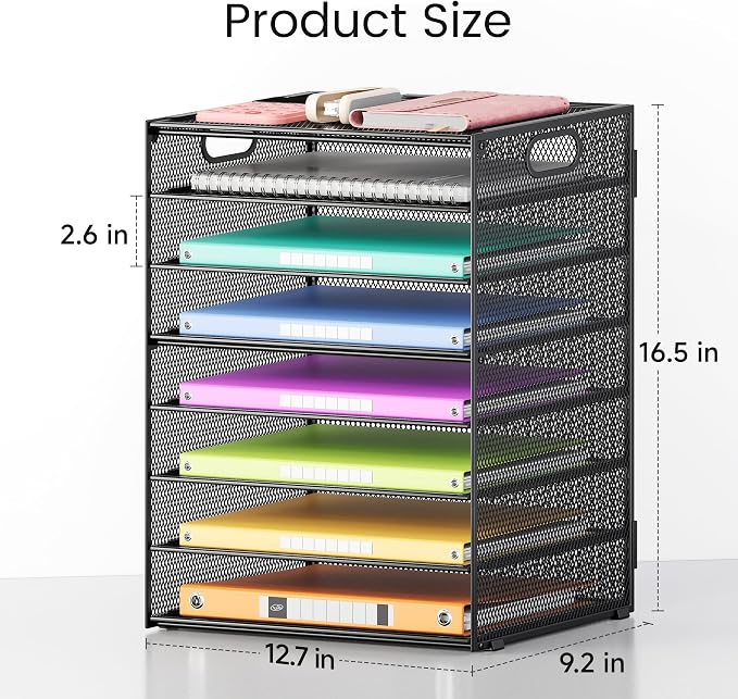 Lavatino 8 Tier Paper Organizer for Desk, Black Mesh Letter Tray File Sorter Organizers with Handles, Including 5 Adjustable Slid Trays for Office School Classroom Supplies Organization and Storage - Image 2