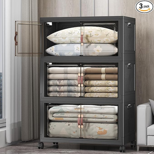 Stackable Storage Bins, 525QT Collapsible Drawers with 1 Lid | Large Capacity, Magnetic Door, Stack Lock, Rolling Wheels, Foldable Design, Organizers and Storage for Bedroom Dorm Garage by UAMFURIDirect