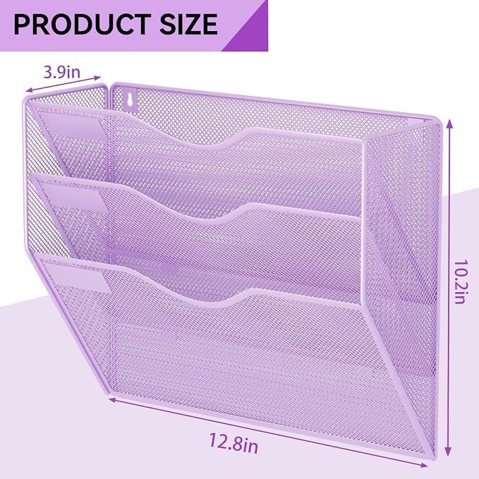 3 Pockets Hanging Wall File Organizer Mail Holder, Wall Mounted Paper Document Folder Holder, Clipboard Storage Organization Magazine Rack, Light Purple - Image 3