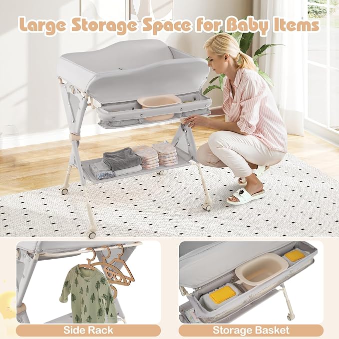 INFANS Baby Changing Table with Wheels, Portable Folding Diaper Station Nursery Organizer with Storage Basket, Hanging Rack, Adjustable Height, Safety Belt for Newborn Infant (Light Gray) - Image 4