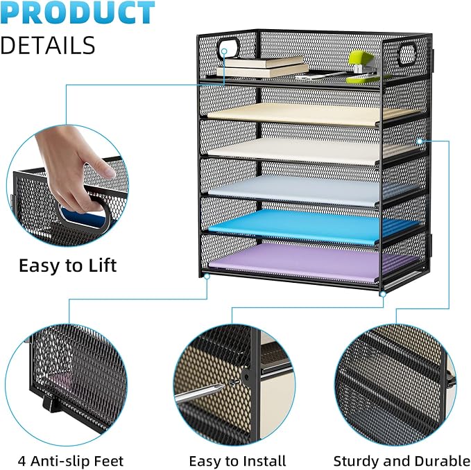 Marbrasse 2 Pack Desk Organizer with Handle, 6 Tier Paper Letter Tray, Mesh Desk File Organizer for Office, School and Home - Image 3
