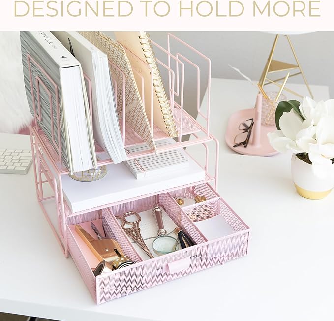 BLU MONACO | Pink Desk Organizer with Drawer | Wire Mesh Desk Organizer File Sorter | Metal Desktop Storage for Office Workspace - Image 3