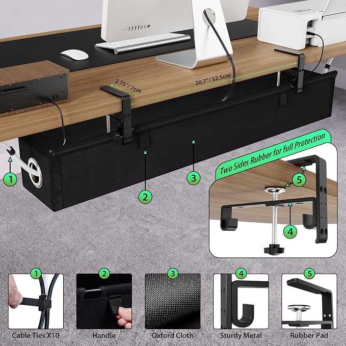 KEEGH Under Desk Cable Management Tray 36", No Drill Cord Organizer, Black | Heavy Duty, Large Capacity, 3-Level Clamp Fit 0"-2.5" Desks, Clamp/Screw Mount, for Home, Office, Gaming, Room, Studio - Image 5