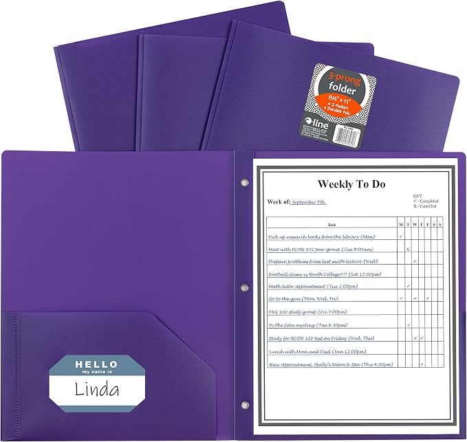 C-Line Two-Pocket Heavyweight Poly Portfolio with Prongs, For Letter Size Papers, Includes Business Card Slot, 1 Case of 25 Portfolios, Purple (33969-25) by C-Line