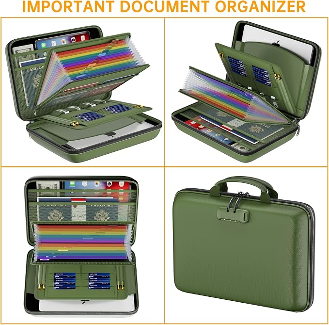 DocSafe Fireproof File Organizer with Lock, Hard-Shell Case Fireproof Document Box with 13 Pocket Accordion File Folder, Portable Home Office Travel Safe Storage for Important Documents Laptop Green - Image 9