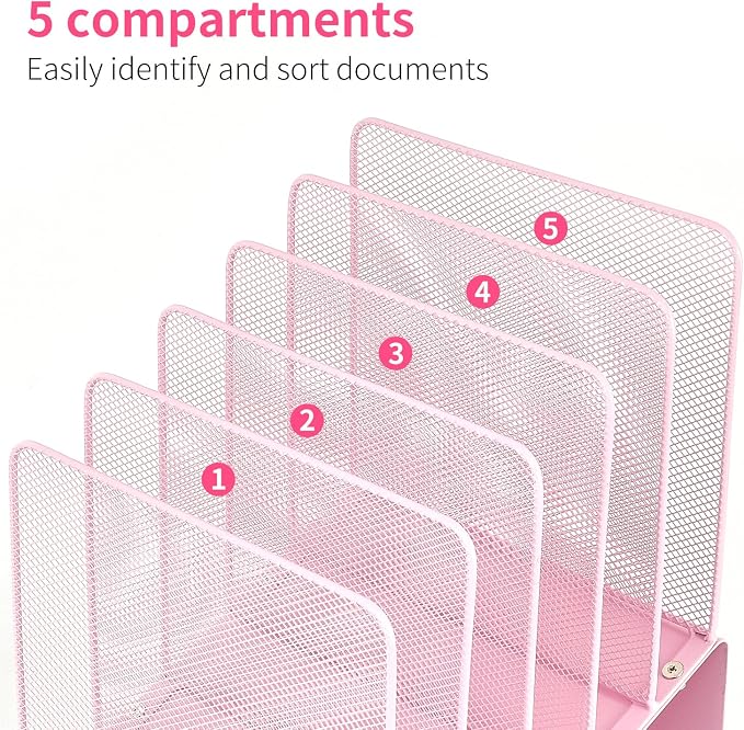 LEKETREE File Organizer for Desk, Desk Organizer with 5-Section Vertical File Rack, Folder Organizer,Workspace Organizers (Pink) - Image 2