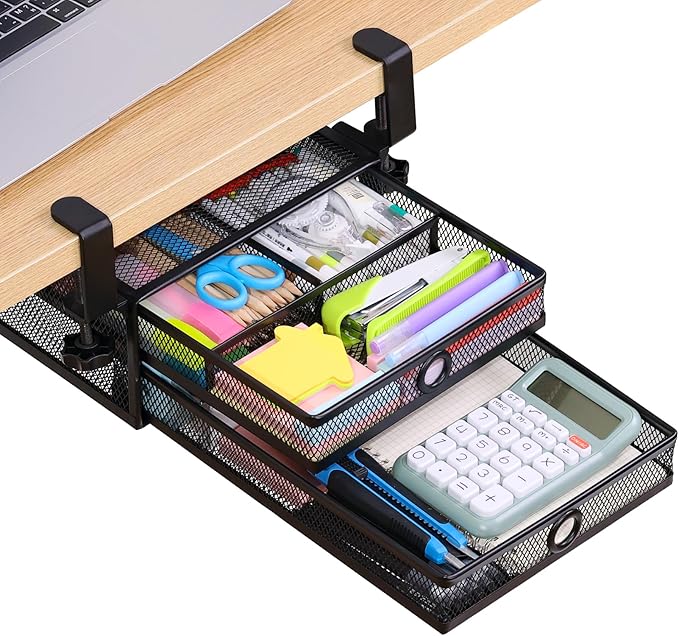 Under Desk Drawer, Clamp on Desk Organizer Slide Out Table Storage No Drill | 2Tier Under desk drawer: clamp on desk organizer, under desk drawer slide out, hanging desk organizer, no drill table storage by OfficeProducts