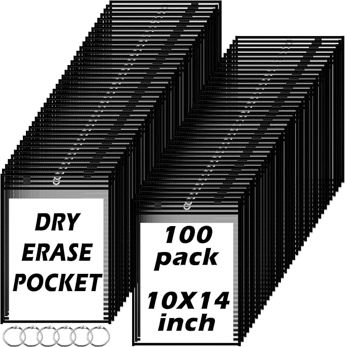 100 Packs Dry-Erase Pockets Bulk Oversized Reusable Dry Erase Pocket Sleeves with 6 Rings, 10x14 Black Ticket Holders, Clear Plastic Sheet Protectors, Teacher School Classroom Supplies - Image 9