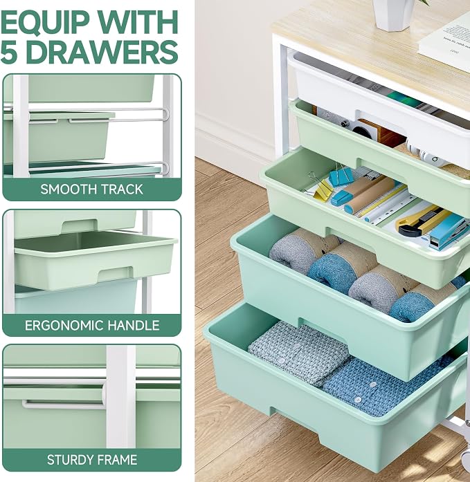 SYKIARIOL Rolling Cart with Drawers,5 Drawers Storage Cart,Light Green | 5-Tiers Utility Cart with Drawers with Lockable Wheels for Craft Organizers and Storage,Home Office,Classroom,Dorm,Playroom - Image 4
