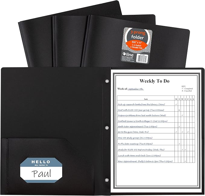 C-Line Two-Pocket Heavyweight Poly Portfolio with Prongs, For Letter Size Papers, Includes Business Card Slot, 1 Case of 25 Portfolios, Black (33961-25) by C-Line