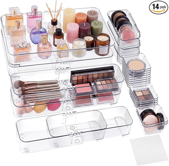 Aneco 25 Pieces Extendable Clear Drawer Organizer Adjustable Vanity Storage Box 4-Size Desk Drawer Divider Acrylic Storage Bins for Makeup, Cosmetic, Jewelries, Bedroom Kitchen Utensils Gadgets by Aneco