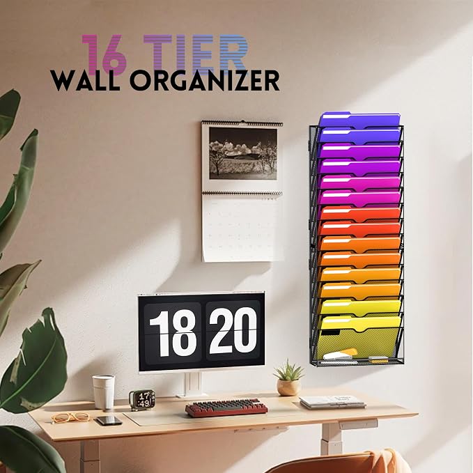 2-Pack 15-Tier Wall File Organizer with Base and Hooks, Black | Wall Organizer and Wall File Holder with 15 Vertical Pockets and Bottom Tray for Files, Mail, Folders, Magazines and Paper - Image 2