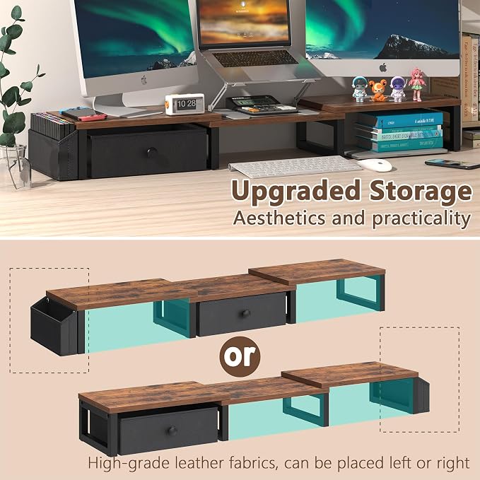 LAND·VOI Heavy Duty Dual Monitor Stand, Holds 2 Screens Up to 27 Inches, Adjustable Length and Angle Monitor Riser, Desk Organizer with Side Pockets and Drawers, Home Office Desk Storage, Rustic Brown - Image 3