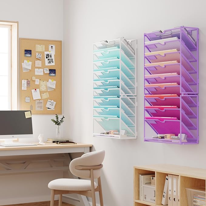 Lavatino Hanging Wall File Folders Organizer - 10-Tier Purple Metal Mesh Paper Magazine Document Mail Holder File Organizer for Office School Home Wall Mount or Desk Supplies Organization - Image 8