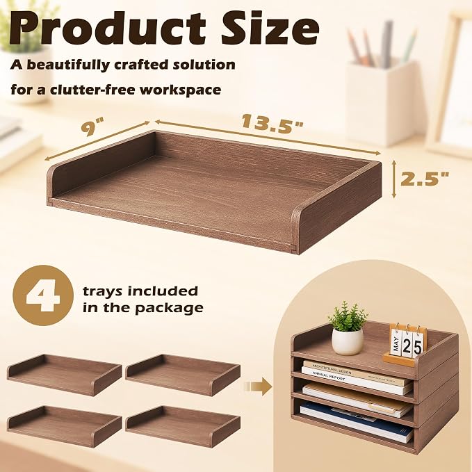4 Pack Stackable Paper Tray, Wooden Paper Tray Organizer with Letter Tray, Paper Holder for Desk, Desktop File Storage Rack for Study, Home and Office (Walnut) - Image 3
